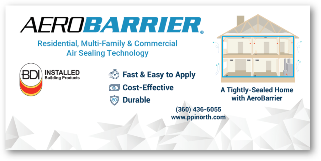 AeroBarrier | Residential, Multi-Family & Commercial Air Sealing Technology. Diagram of a house, and BDI logo to the left.